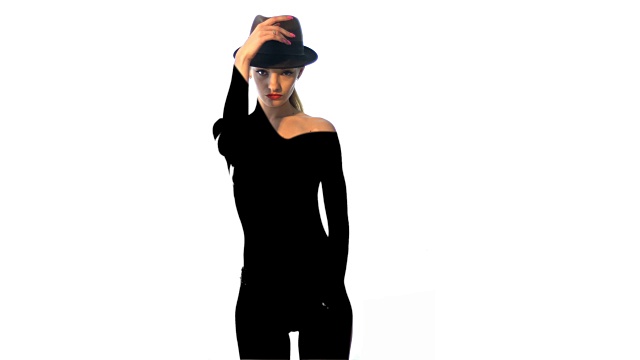 戴着帽子的年轻女士，身上有深黑色的阴影视频素材
