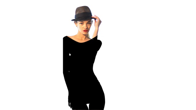 美丽的女士戴着帽子和深黑色的阴影在她的身体视频下载