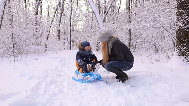母亲和儿子在雪地里拉着雪橇散步视频素材