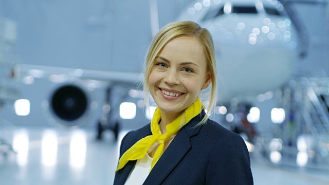 在一个飞机维修机库年轻美丽的金发空姐/空姐在镜头前迷人的微笑。在背景中全新的飞机是可见的。视频下载