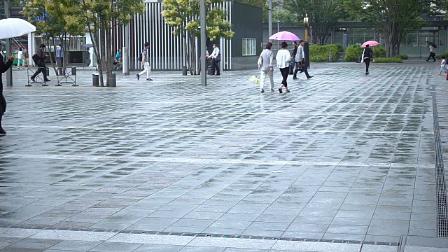 人们撑着雨伞在大雨中慢镜头行走视频素材
