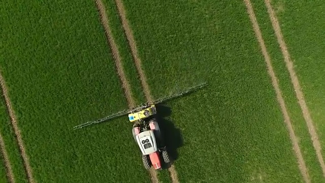 植物保护。拖拉机在给绿色麦田喷洒农药。鸟瞰图视频下载