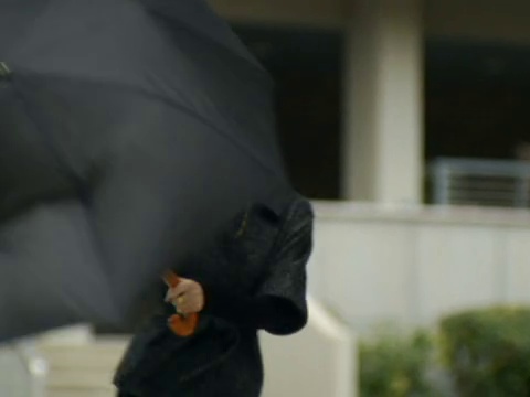 美国纽约，一名女子撑着被风吹起的雨伞视频下载