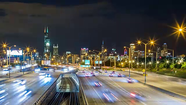 芝加哥公路夜景照片天际线4K 1080P视频素材