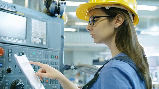 在大型工业工厂中，从事带控制面板的数控机床安装/编程的专业女操作员。视频素材