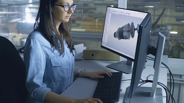 女工业工程师在她的台式电脑上使用CAD软件制作三维涡轮/发动机模型。从她办公室的窗户可以看到工厂里面。视频素材