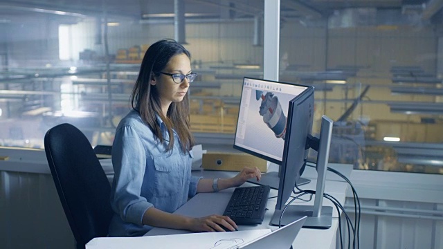 女性工业工程师使用CAD 3D软件在电脑上工作。从她办公室的窗户可以看到工厂里面。视频素材