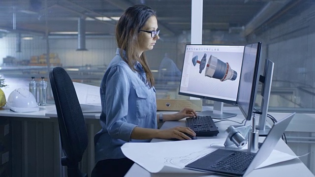 女工业工程师用计算机软件设计3D涡轮/发动机。从她办公室的窗户可以看到工厂里面。视频素材