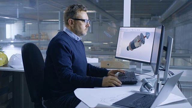 在他的个人电脑上创建3D涡轮/引擎模型的大技术项目的首席男性工程师。他使用Cad软件。从办公室的窗户可以看到大工厂。视频素材