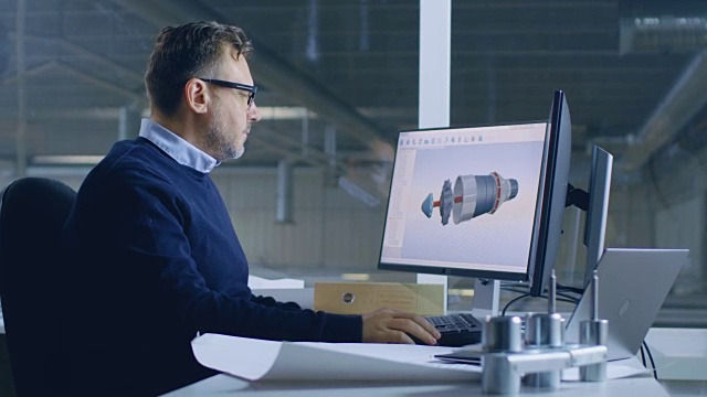 男总工程师坐在他的工作场所，打开个人电脑，开始使用Cad软件设计3D涡轮/发动机模型。视频素材