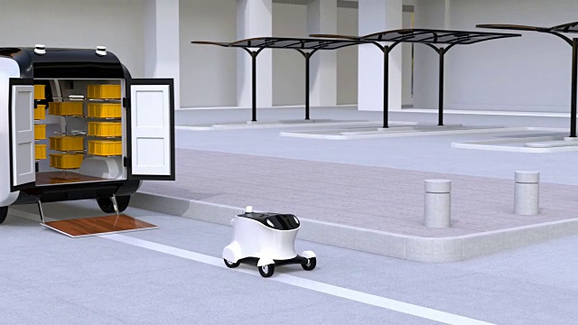 送货车推出自动驾驶送货机器人视频素材