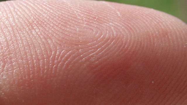 近距离微距:白种人食指皮肤图案的细节视频素材