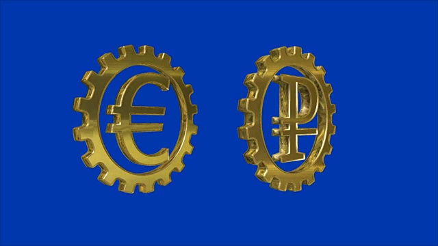 旋转两个黄金齿轮，卢布和欧元的标志视频下载
