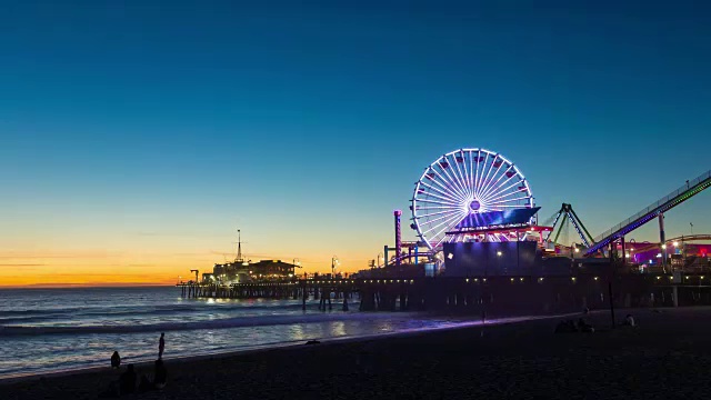 圣塔莫尼卡码头，加利福尼亚的摩天轮黄昏时光视频素材