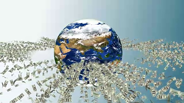 货币货币美元绕地球飞行- 4k视频-许多钞票在全球旋转视频下载