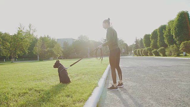 一名年轻女子带着她倔强的狗在公园附近的小巷里散步视频下载