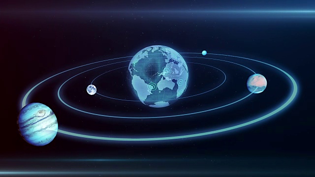 地球、月球、木星在太空中沿着椭圆运动的全息图视频素材
