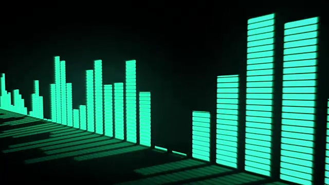 3D动画:音乐控制关卡。辉光绿色-蓝色绿松石色音频均衡器条移动与反射镜表面。黑色背景。深。滑动。视频素材