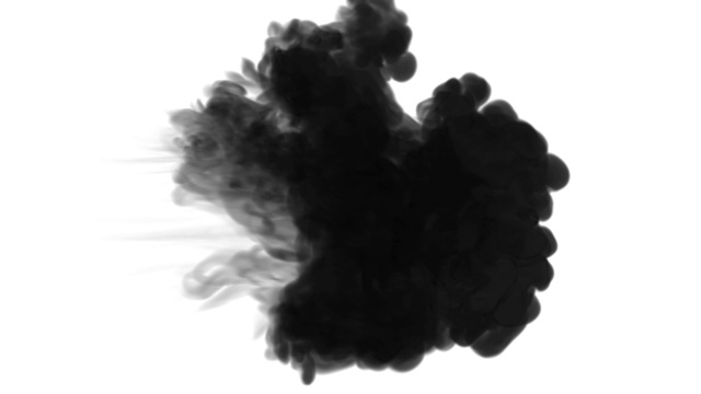 一墨流动，注入黑色染料云雾或烟雾，墨以慢动作注入白色。黑色的颜色在水中打开。墨色背景或烟雾背景，为墨水效果使用光磨如阿尔法蒙版视频下载