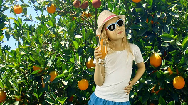 年轻的白人女孩在橘子园里喝橘子汁和橘子树。夏日阳光明媚，绿油油的花园和小女孩走在树前。女孩穿着帽子t恤裙子和太阳镜。视频素材