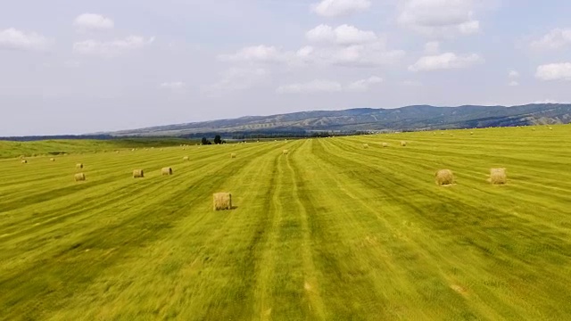背景山上绿色的田野上堆着一捆捆干草。鸟瞰图视频下载