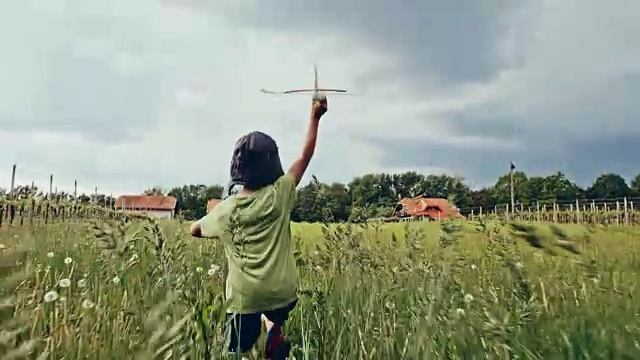 小男孩在草地上驾驶飞机视频下载