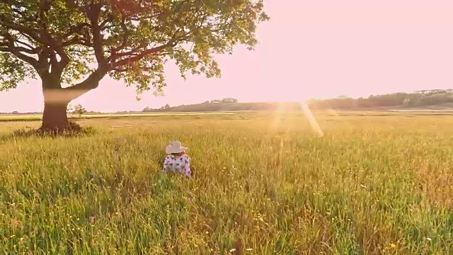 空中女子在日落时分的草地上休息视频素材