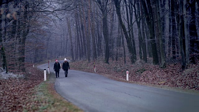 两个女孩提着灯笼走在穿过森林的路上视频素材