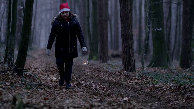 R/F女孩走在一个寒冷的森林与灯笼视频素材
