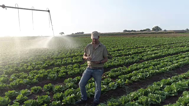 使用数字平板和监测中心支点灌溉的农民鸟瞰图视频素材