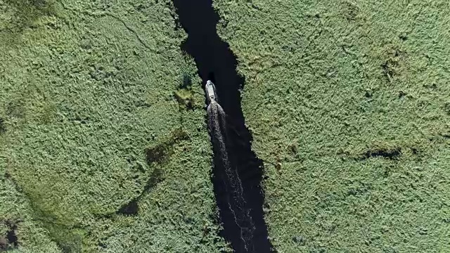 鸟瞰一艘游船沿着奥卡万戈三角洲的水道航行视频素材