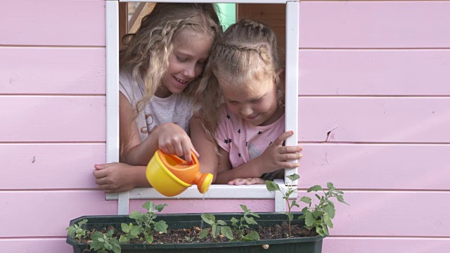 小女孩们一起在粉红色的玩具屋的窗台上浇花视频素材