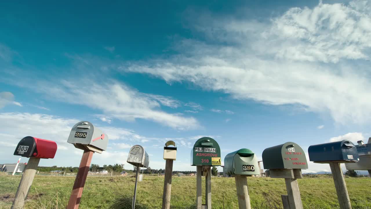 T/L, MS，在农村道路上的信箱行，南岛，新西兰视频下载