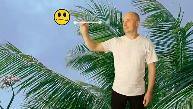 人评估度假村与一个笑脸在虚拟屏幕上。男人将滑块移向满意。对夏天休息的地方的估计。夏天没有棕榈叶和风的背景。视频素材