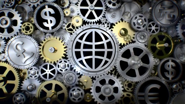 旋转全球地球齿轮单元与各种世界货币符号。视频下载