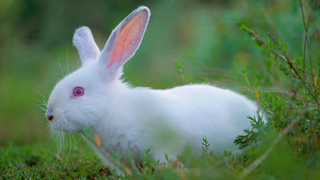 复活节可爱的白色兔子户外在绿色的背景跑。慢动作视频素材