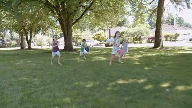 孩子们在草地上奔跑的跟踪镜头视频素材