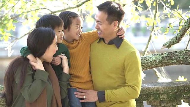 一个亚洲家庭带着两个孩子在公园里视频素材