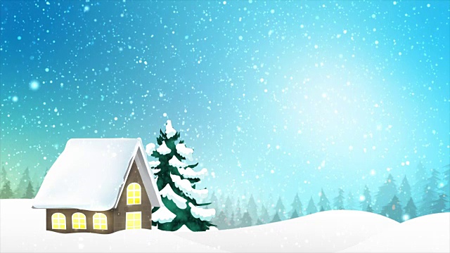 4K景观的房子和冬天的雪在蓝天夜晚与粒子视频素材