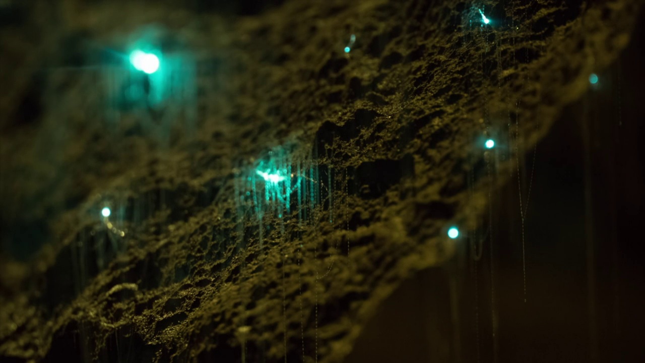萤火虫粘在怀托摩洞穴的墙壁上视频素材