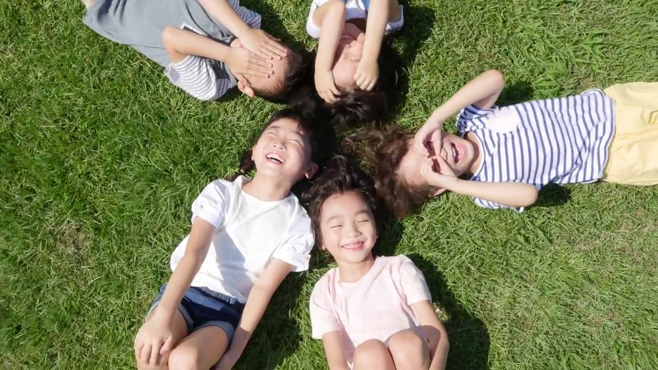 夏天在首尔森林(首尔市第三大公园)的草坪上，孩子们微笑的鸟瞰图视频下载