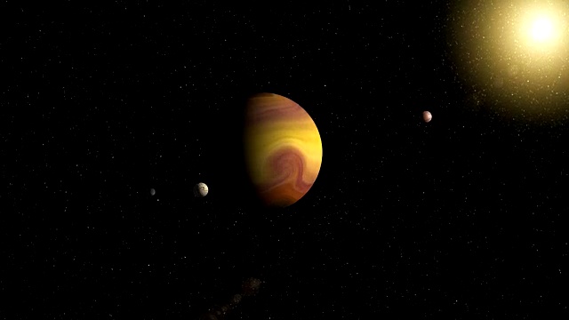 巨大的气体巨行星，有两个卫星和一个较小的行星围绕附近的恒星运行。外太空，宇宙艺术和科幻概念。视频下载