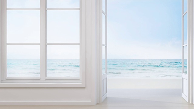 海景房带窗和门的现代海滩别墅，豪华的白色室内夏季住宅视频素材