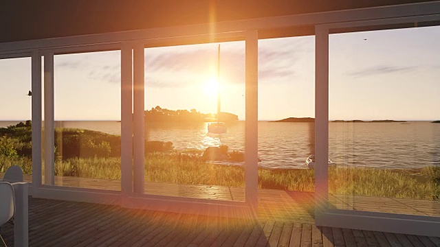 玻璃门打开了日落的海景视频下载