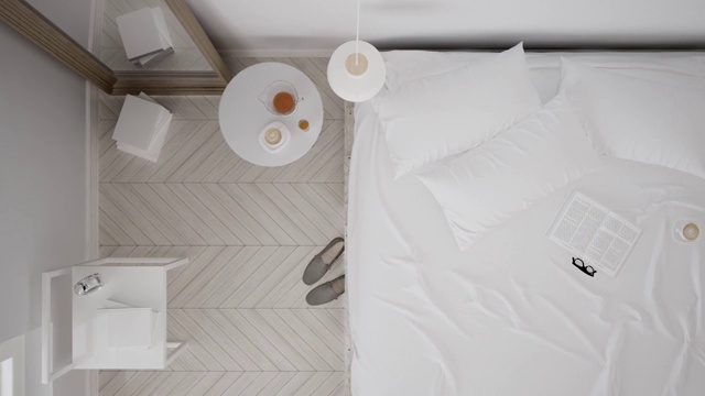 斯堪的纳维亚经典白色卧室，俯视图，室内步行，稳定的凸轮，极简设计视频下载