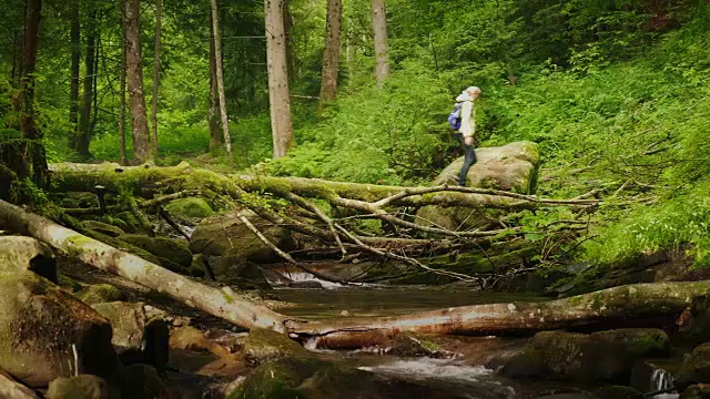 一个旅行者，一个穿着羽绒服的女人，在一根木头上过河视频下载