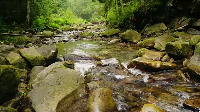 一条美丽的山河或小溪流过森林。水在大石头上沸腾。生态洁净环境视频素材