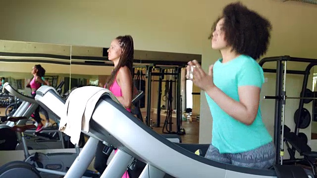 两个女人在健身房的跑步机上跑步视频下载