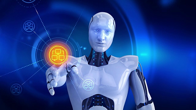 人形机器人在屏幕上触摸，计算机网络符号就会出现视频素材