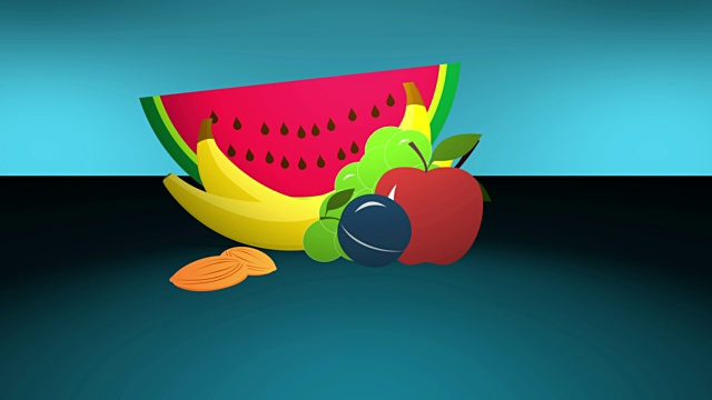 动画卡通水果在蓝色的背景视频下载